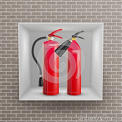 Fire Extinguisher In Brick Wall Niche Vector. Metal Glossiness 3D Realistic Red Fire Extinguisher Illustration Vector Illustration