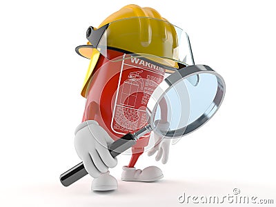 Fire extinguisher character looking through magnifying glass Stock Photo