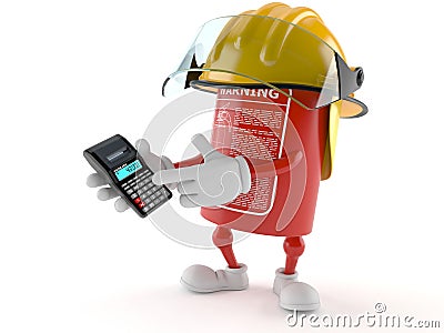 Fire extinguisher character using calculator Stock Photo