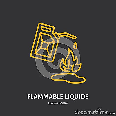 Fire extinguisher flat line sign of flammable liquids fire type. Flame protection thin linear icon, pictogram Vector Illustration