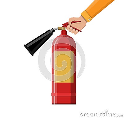 Fire extinguisher in hand. Fire equipment. Vector Illustration