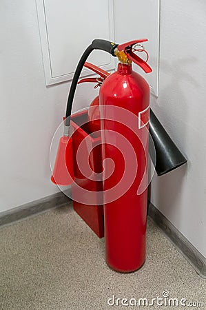 Fire extinguisher in the office building. Fire Safety Stock Photo