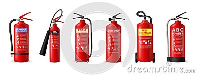 Fire extinguisher type, dry fire fighting powder class, water foam. Different alarm signs, wet chemical co2. Red Vector Illustration