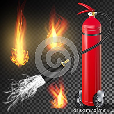 Fire Extinguisher Vector. Burning Fire Flame And Metal Glossiness 3D Realistic Red Fire Extinguisher. Transparent Vector Illustration