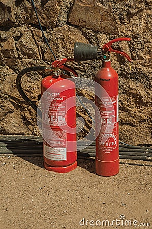 Fire extinguishers at the Roman Theater of Merida Editorial Stock Photo