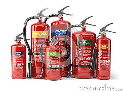 Fire extinguishers on white background. Various types o Cartoon Illustration