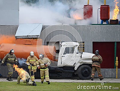Fire extinguishing at the training ground of the Noginsk rescue center of the Ministry of Emergency Situations during the Internat Editorial Stock Photo