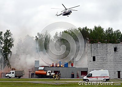 Fire extinguishing at the training ground of the Noginsk rescue center of the Ministry of Emergency Situations during the Internat Editorial Stock Photo
