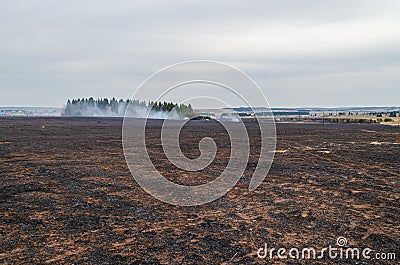 Fire. The field burned out after the fire. Stock Photo