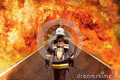 Fire fighter go to the forest for fighting with fire, Team work and operation with fire case and the mission should be successful Stock Photo