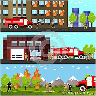 Fire fighting department horizontal banners vector set. Station and firefighters. Vector Illustration