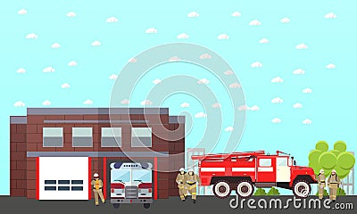 Fire fighting department vector banner. Station and firefighters. Truck, building Vector Illustration