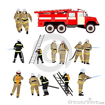 Fire fighting department vector set. Station and firefighters. Vector Illustration