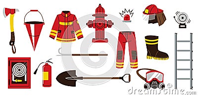 Fire fighting equipment. Cartoon fireman tools doodle flat style, firefighter icons axe bucket hose hydrant helmet Vector Illustration