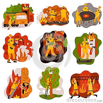 Fire Fighting Flat Compositions Set Vector Illustration