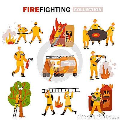 Fire Fighting Flat Icons Set Vector Illustration