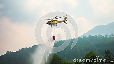 Fire fighting helicopter carry water bucket to extinguish the forest fire. generative ai Stock Photo