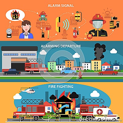 Fire Fighting Horizontal Banner Vector Illustration