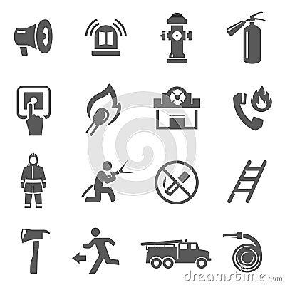 Fire fighting icon set, firefighter job and professional equipment Vector Illustration