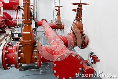 Fire fire fighting pining install with high performance gate valve in fire pump room Stock Photo