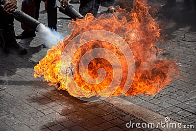 Fire figther and rescue practice to protect danger situation Stock Photo