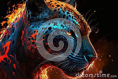 Fire filled panther head with a flaming background. electronic painting Stock Photo