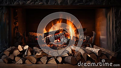 Fire in fireplace, burning wood, flames on logs closeup Stock Photo