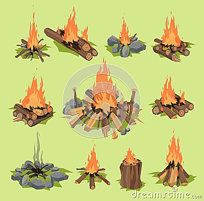 Fire flame or firewood outdoor travel bonfire vector fired flaming fireplace and flammable campfire illustration fiery Vector Illustration