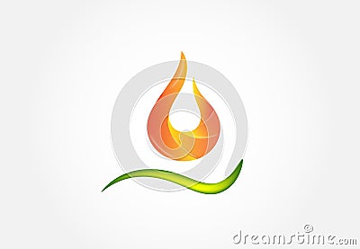 Fire flame with green leaf swoosh icon logo vector image Vector Illustration