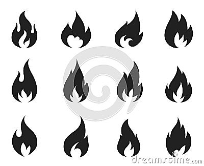 Fire flame icon black set, explosion symbol Vector Illustration