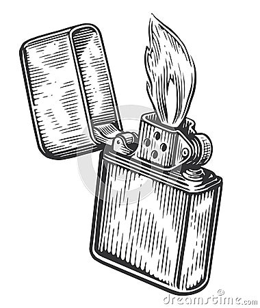 Fire flame and lighter burns with the lid open. Burning cigarette lighter. Sketch vintage vector illustration Vector Illustration