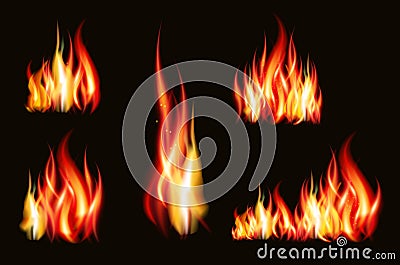 Fire flame strokes realistic isolated on black background vector illustration Cartoon Illustration