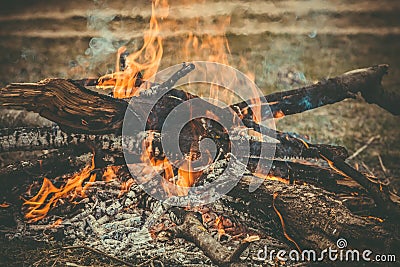 Fire Flame wooden camp burning Outdoor Stock Photo