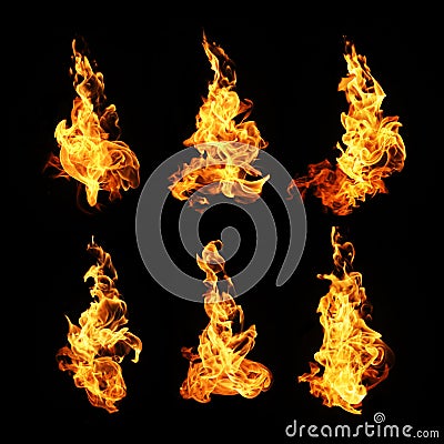 Fire flames collection isolated on black background Stock Photo