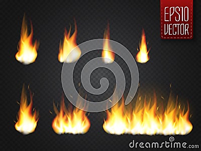 Fire flames on transparent background. Vector realistic special effect Vector Illustration