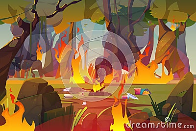 Fire in forest, polluted wood with raging flames Vector Illustration