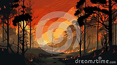 Comic Illustration Of A Nightmarish Forest Fire Cartoon Illustration