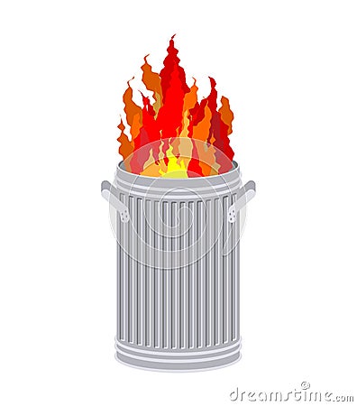 Fire In garbage can. Trash can burns. Vector Illustration