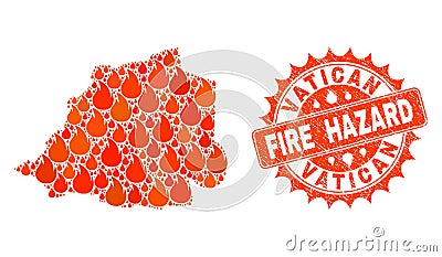 Collage of Map of Vatican Burning and Fire Hazard Grunge Stamp Seal Vector Illustration