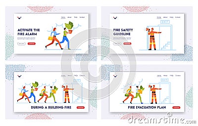 Fire Hazard at Workplace Landing Page Template Set. Fireman with Megaphone Announce Emergency Evacuation Alarm Vector Illustration