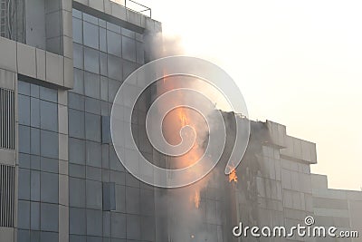 Fire in high rise building Stock Photo