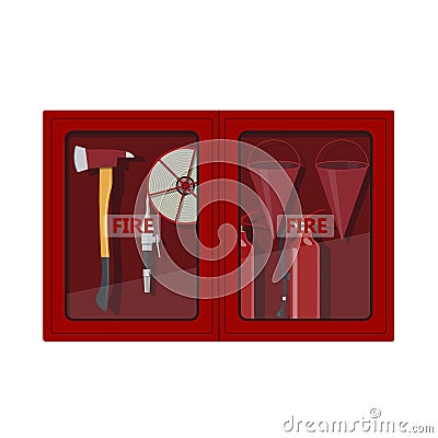 Fire hose cabinet on white background. Box with firefighter`s equipment: axe, extinguisher, hose and bucket Vector Illustration