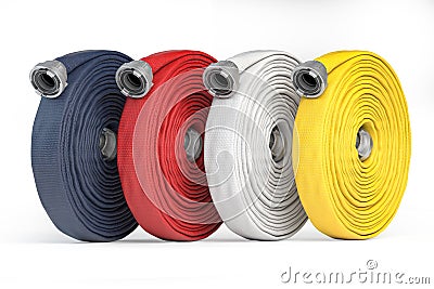 Fire hose soft pipes of different colors isolated on white. Firefighter equipment Cartoon Illustration