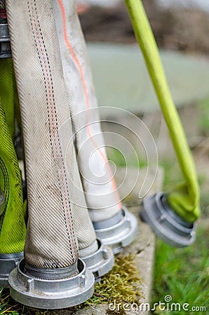 Fire hoses, detail. Fire fighting. Stock Photo