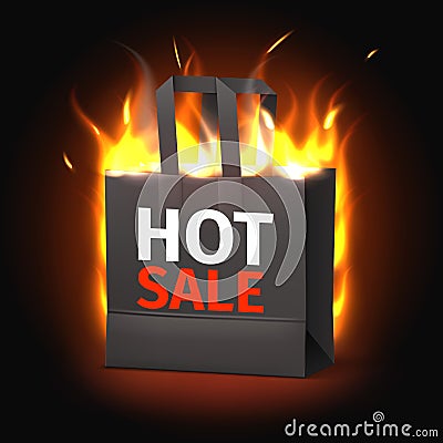 Fire hot sale bag. Super discounts season advertisement, realistic burning shopping handbag, black paper pack with fire Vector Illustration