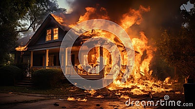 Fire in house. The house is on fire, engulfed in flames. Burning building. Wildfire. Inferno Destroys Home. Catastrophe Stock Photo