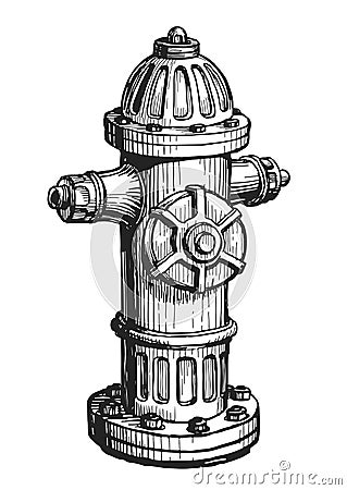 Fire hydrant isolated. Firefighter equipment vector illustration. Hand drawn sketch in vintage engraving style Vector Illustration