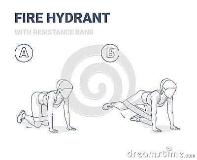 Fire Hydrant with Resistance Band, Female Home Workout Guidance, or Hip Abduction fitness exercise. Vector Illustration