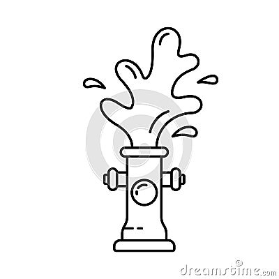Fire hydrant with water fountain. Linear icon of gushing fireplug. Black illustration of street aqua pipe. Contour isolated vector Vector Illustration