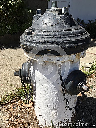 A fire hydrant wearing a black hat and matching black gloves. Stock Photo